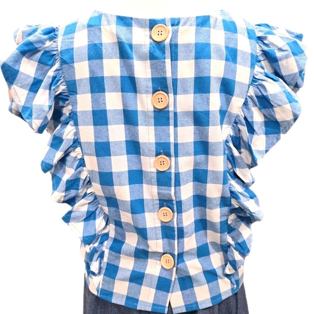 Entro Blue White Gingham Ruffle Blouse Button Back Top Small S 18ptp Picnic